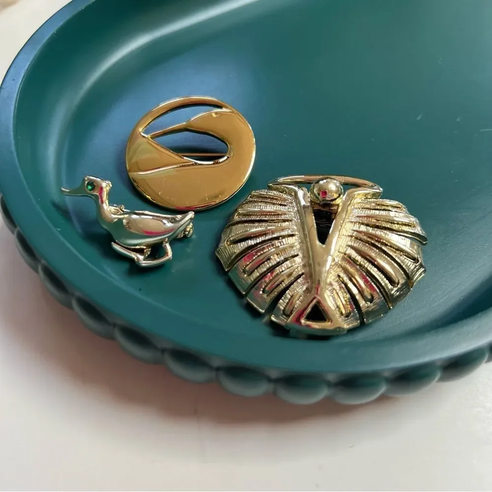 Vintage 3 Piece 1980s Gold Duck Loon Leaf Brooch Pin Lot